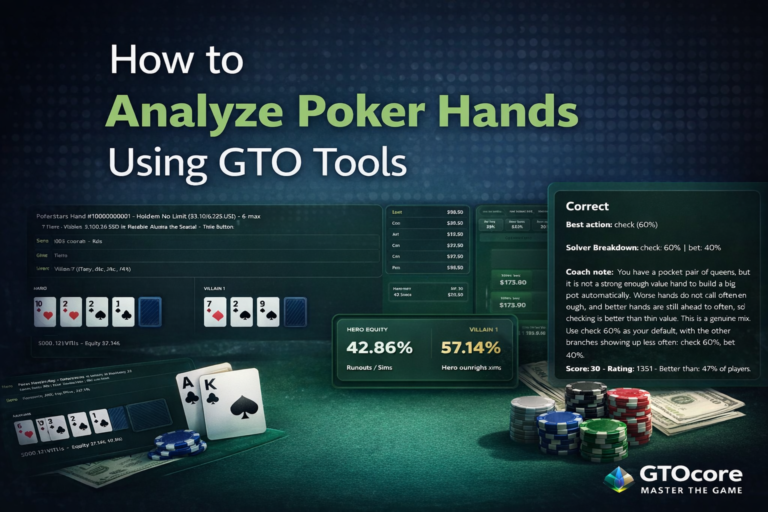featured image showing how to analyze poker hands using GTO tools including solver equity calculator and coaching feedback from GTOcore