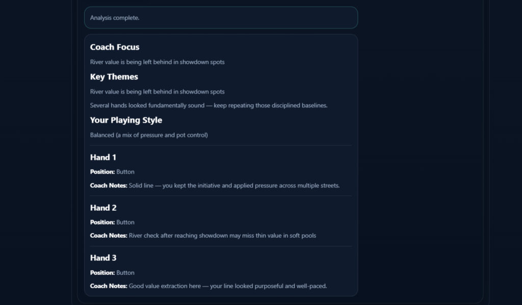 GTO poker hand history analyzer results showing coach feedback key themes and player style analysis from GTOcore tool
