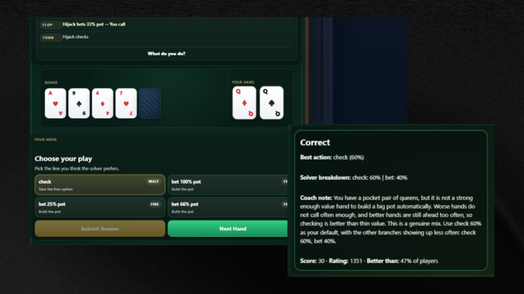 GTO poker training quiz showing decision options solver result and coaching notes for improving strategy on GTOcore