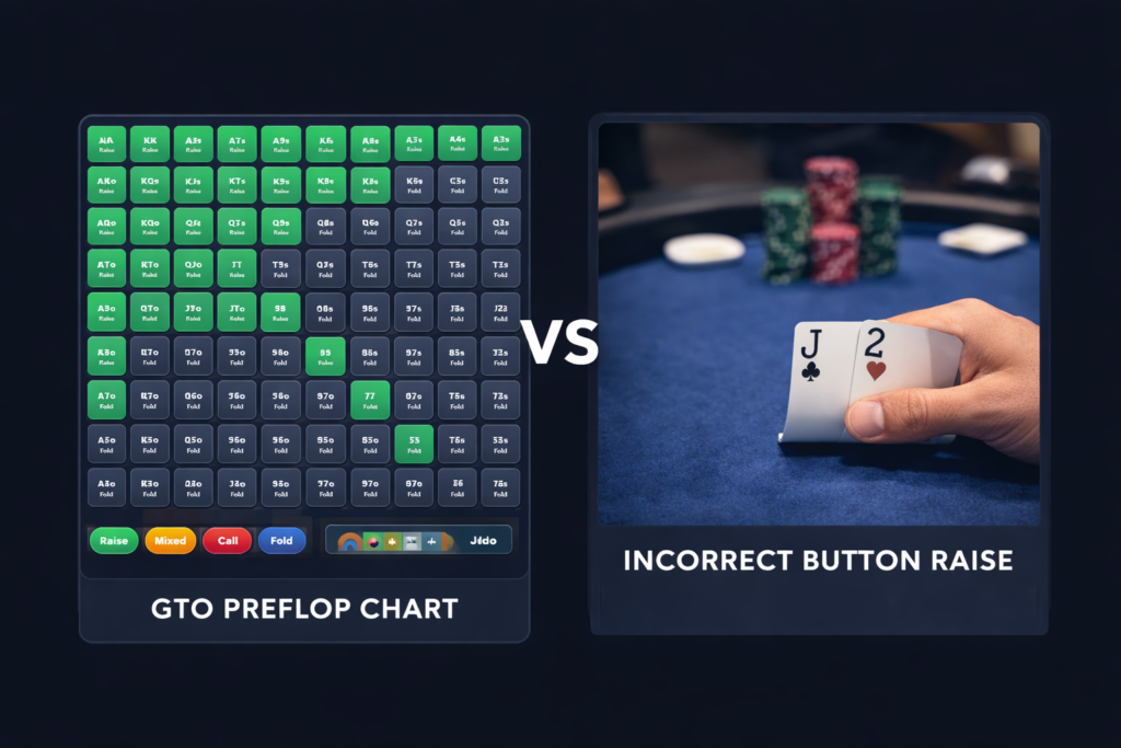 GTO preflop chart showing correct ranges compared to a player incorrectly raising J2 offsuit from the button in a 6-max poker game