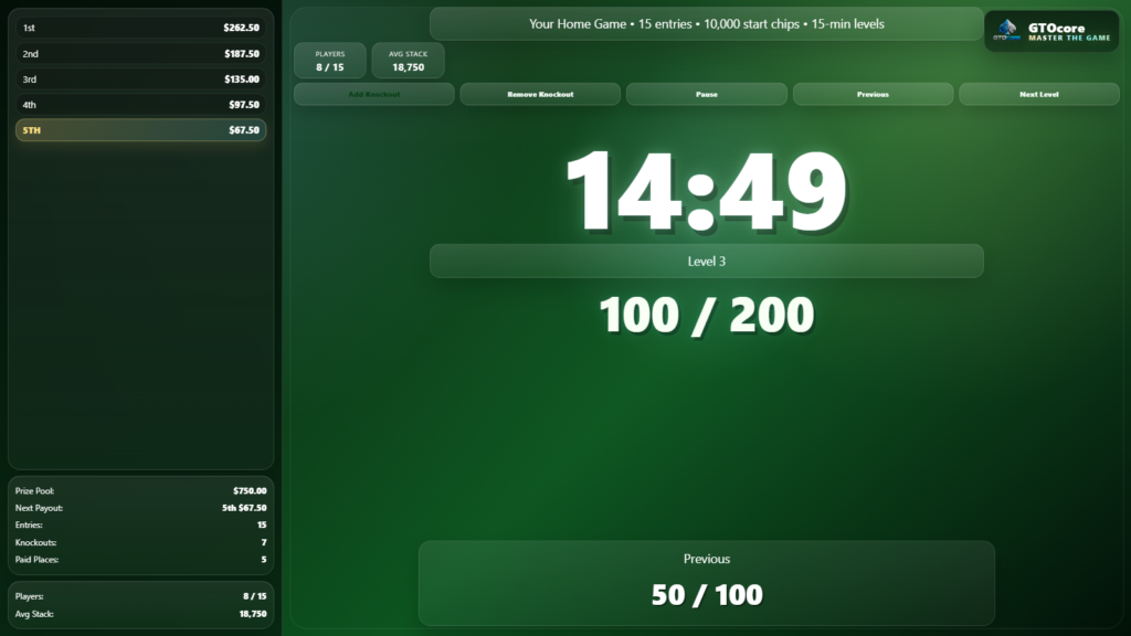poker tournament manager showing blind levels timer payouts and customizable home game settings in GTOcore tool